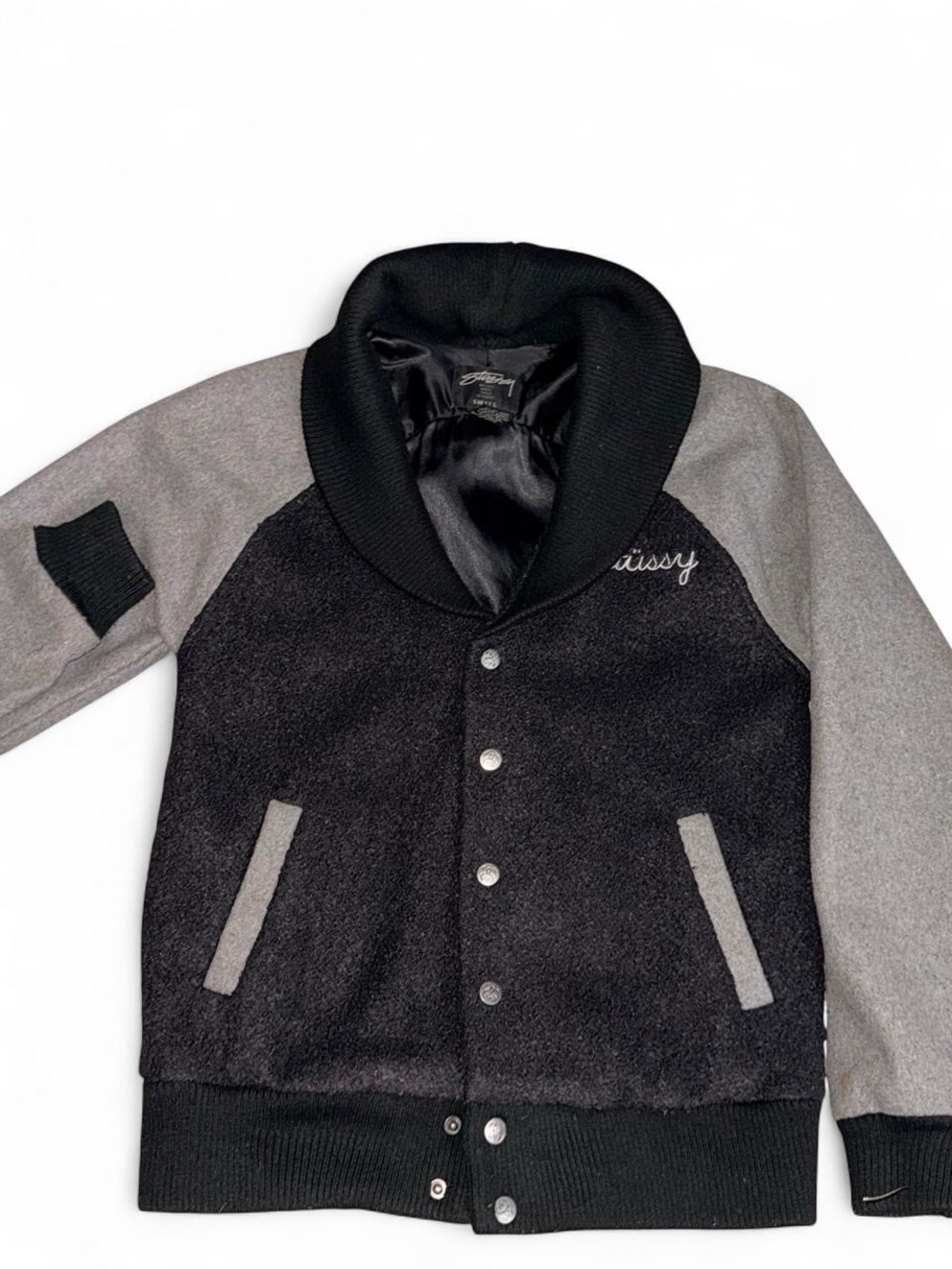 Stussy  Black and Gray Shawl Collar Varsity Jacket